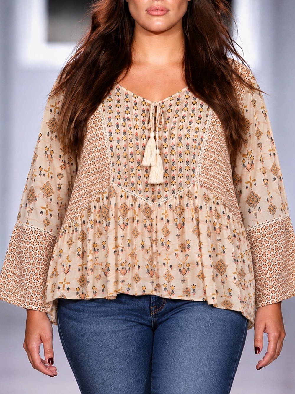 Style & Co. Cream Multi Print Bell Sleeve Babydoll Blouse Women's XL